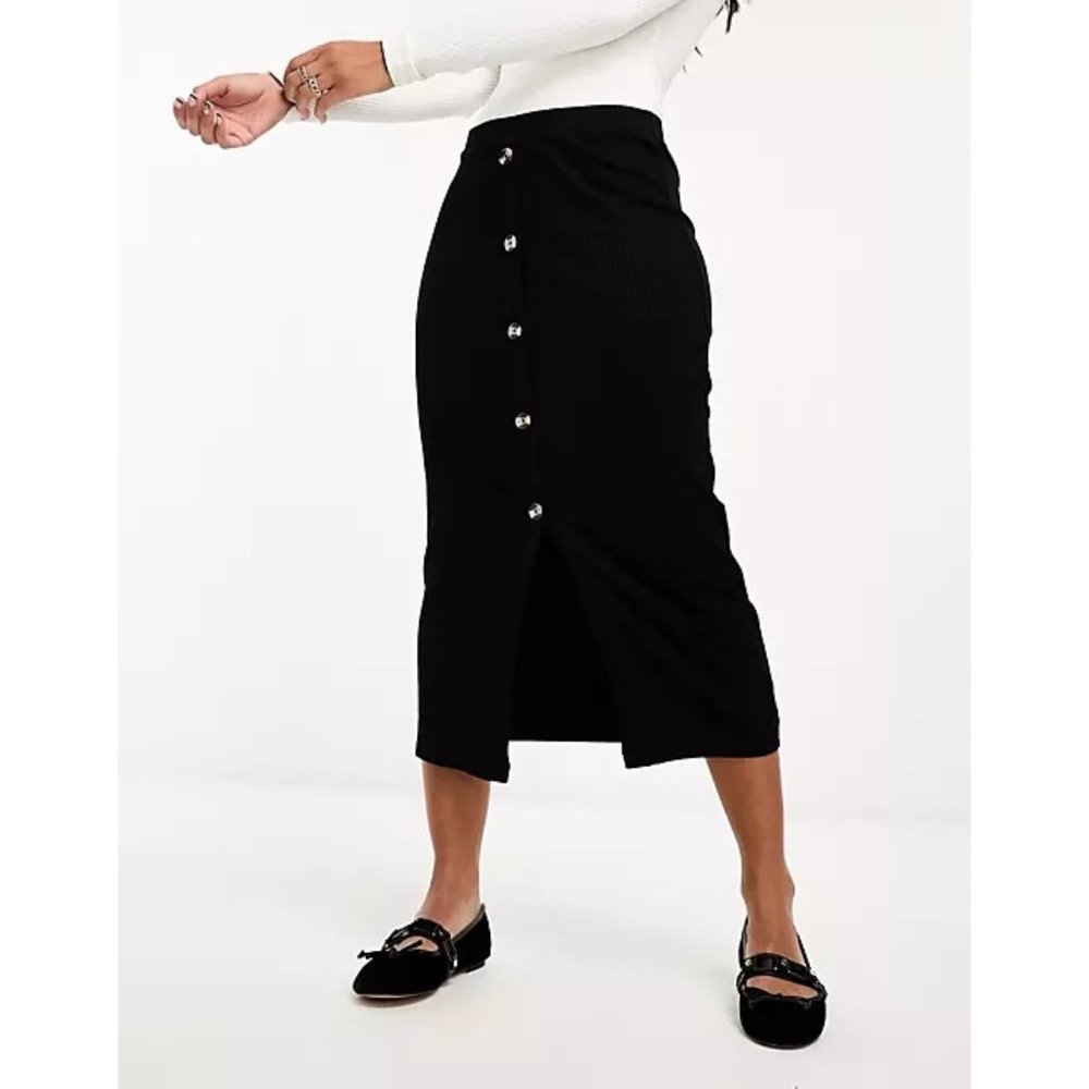 ASOS Ribbed Bodycon Midi Skirt with Buttons
